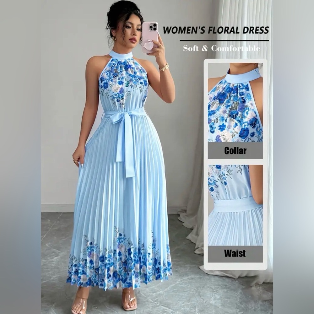 Elegant Halter Maxi Dress - Light Blue Floral